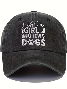 Just a Girl Who Loves Dogs Black Hat Adjustable Baseball Hat, Embroidered Hat